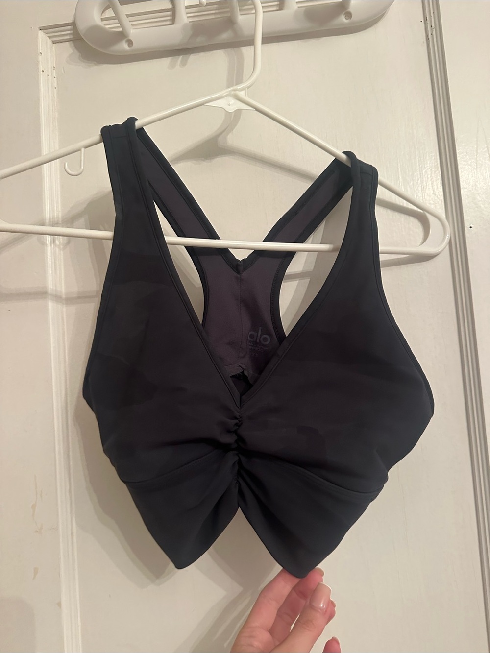 ALO Yoga Black Ruched Front Sports Bra with Racerback
